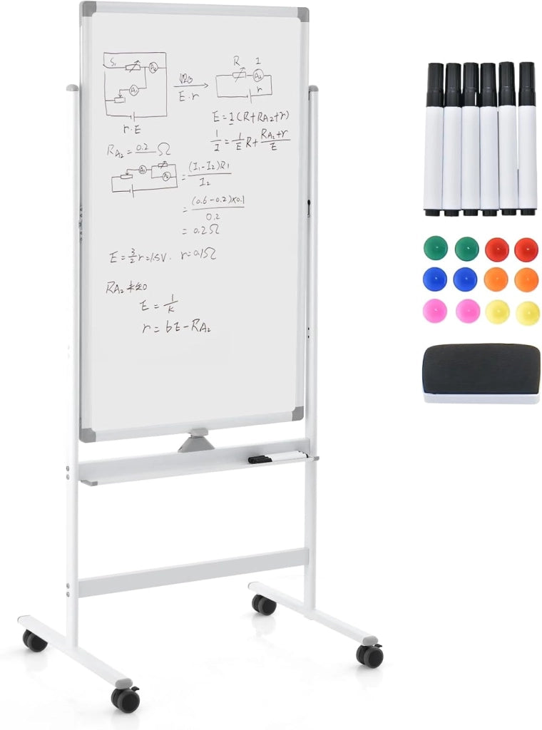Lavagna bianca mobile double face, 60 x 100 cm, lavagna magnetica su gambe regolabile in 2 altezza, cancellabile a secco, pennarelli neri, cancellatore, magneti (bianco, 60 x 100 cm)