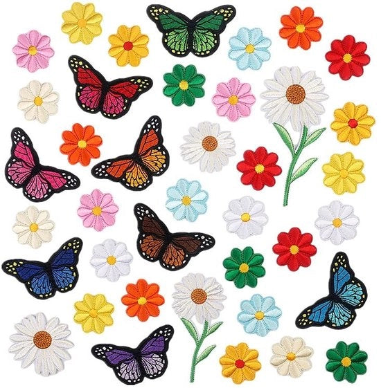 Pannelli di stitismo 16 pezzi - Mini fiori di girasole/ farfalla - Pannelli da cucire - Tessuto in poliestere - Adatto per abbigliamento - Installazione facile