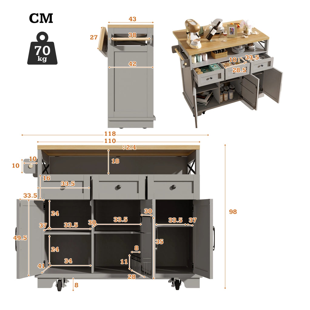 Isola cucina 118x43-80x98 cm con piano pieghevole e ruote in MDF e metallo grigio