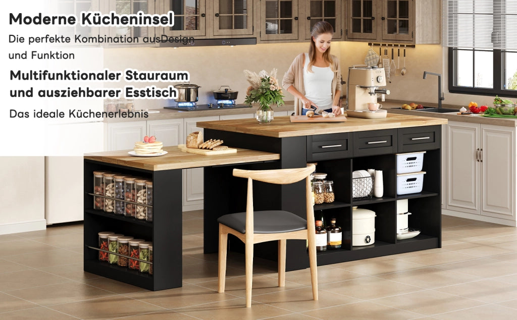 Isola da cucina moderna con tavolo estraibile, 150x90x90 cm, finitura naturale e nera, in MDF