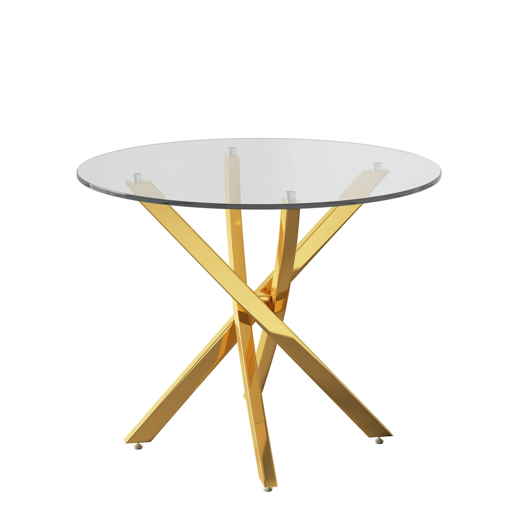 Tavolo rotondo da pranzo 80 cm in vetro temperato con gambe dorate; design moderno