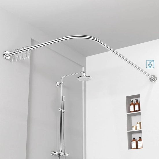 Douchegordijnstang L-flessa regolabile senza foratura - 70-100x70-100cm, Incluso 24 anelli, Ideale per vasca da bagno e doccia