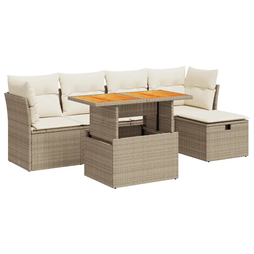 Set Divano da Giardino 6 pz con Cuscini Beige Polyrattan Acacia