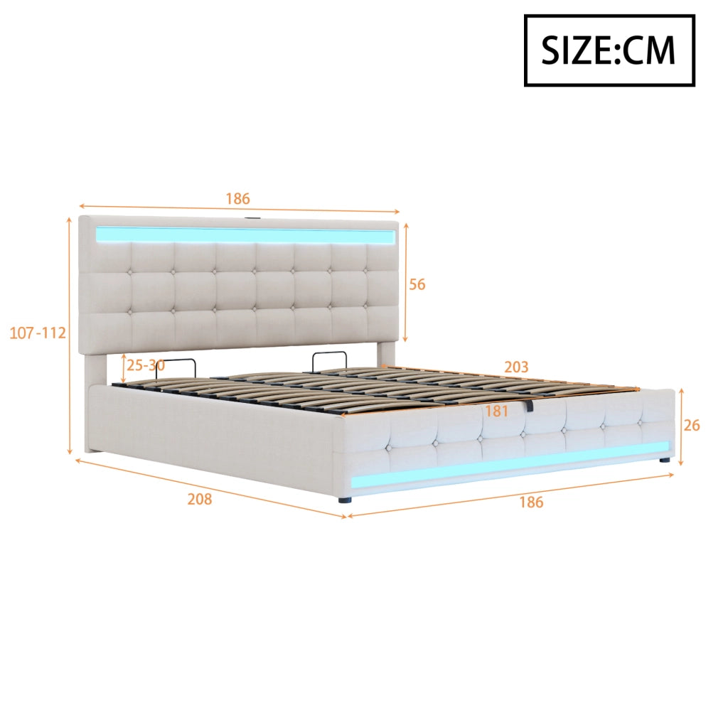 Letto matrimoniale imbottito 180x200 cm con LED RGB; USB e testiera regolabile; beige
