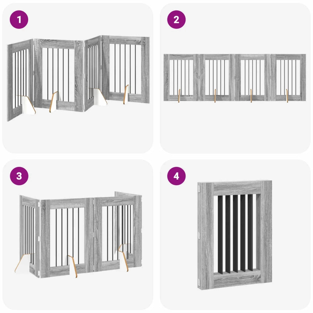 Cancello per cani pieghevole con supporti 4 pcs Grigio Sonoma 892100