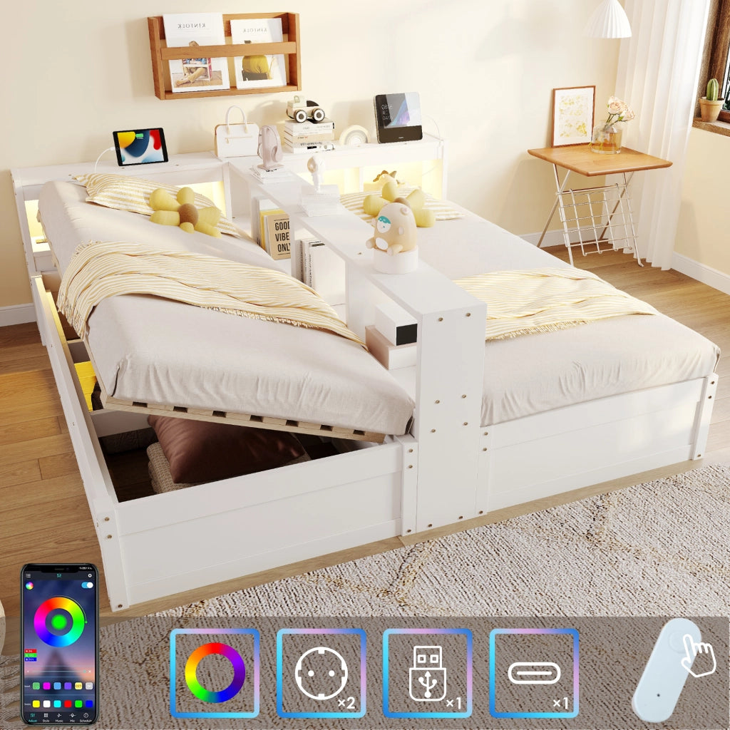 DESMIU Divano Letto 90/180 × 200 cm 2 Posti con Presa, LED e Contenitore Idraulico, senza Materasso, Bianco