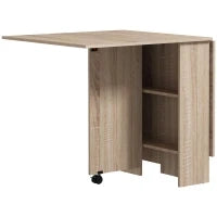 Tavolo Pieghevole con 2 Ribalte per 6 Persone con Ripiani e Rotelle Integrate, Legno Naturale