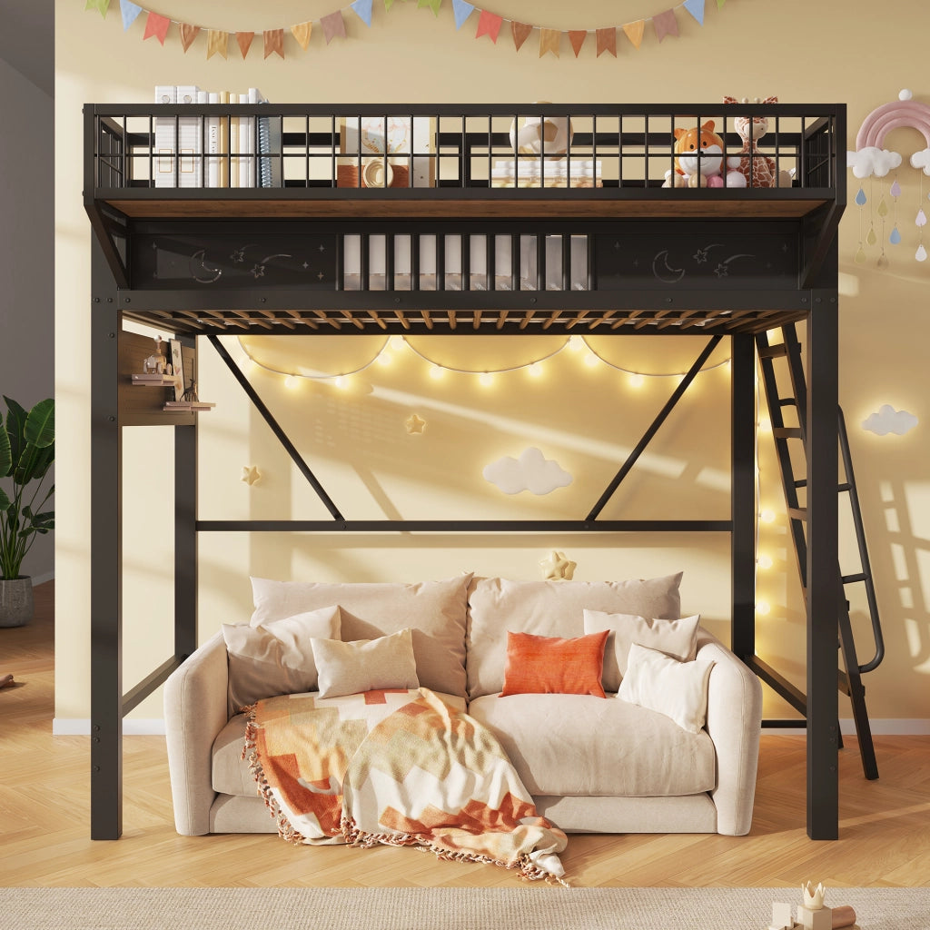 Letto a soppalco 90x200 cm per 2 persone, letto alto con ripiani portaoggetti e spazio aperto sottostante, metallo nero
