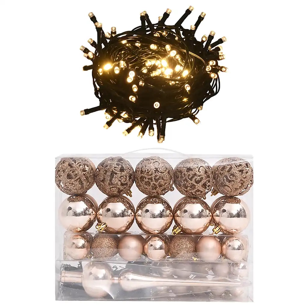 Set con 61 Palline di Natale Punta e 150 Luci LED Oro Rosato cod mxl 43275