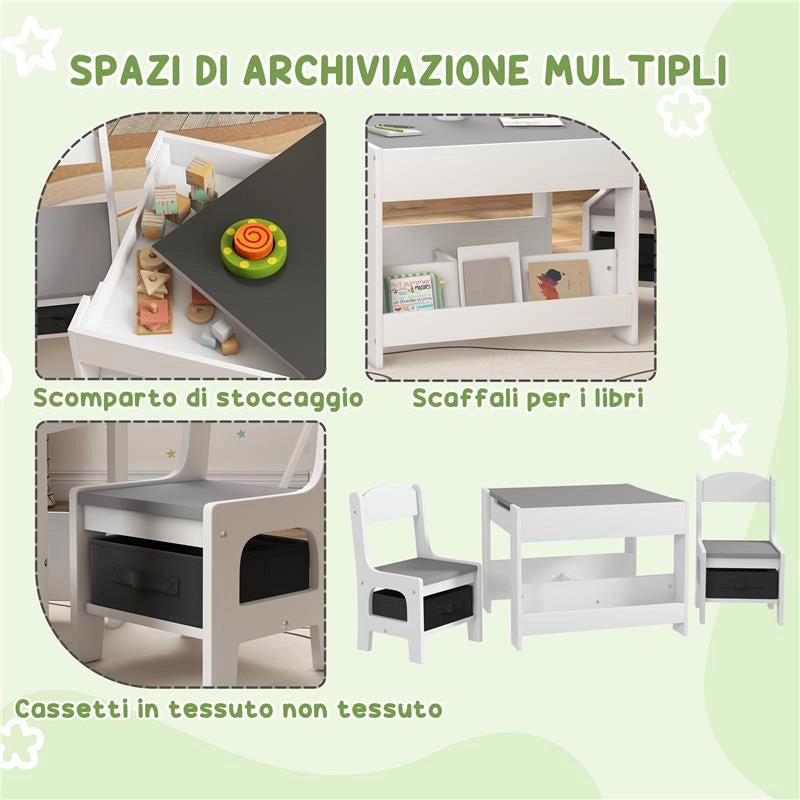 SET TAVOLINO PER BAMBINI E 2 SEDIE, PIANO DEL TAVOLO 2 IN 1 CON LAVAGNA E CONTENITORI, GRIGIO