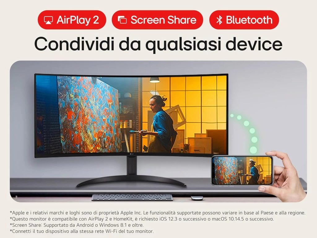 34SR65QC Monitor Smart 34" 21:9 Curvo WQHD (3440x1440) HDR, webOS con app di streaming, Wi-Fi, LAN, Bluetooth, AirPlay, Screen Share, Speaker Stereo 14W, 2x HDMI, 2x USB, 100Hz, Telecomando, Nero