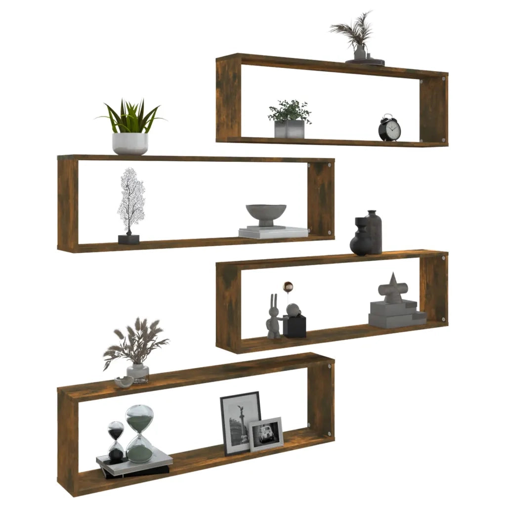 4 pz Mensole Parete | Mensola sospesa Cubo Rovere Fumo 100x15x30 Legno Multistrato