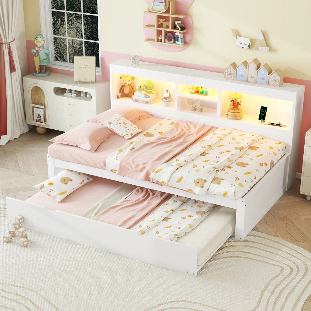 Letto estraibile singolo 90×200 cm con LED; vano laterale; prese e USB; senza materasso; bianco