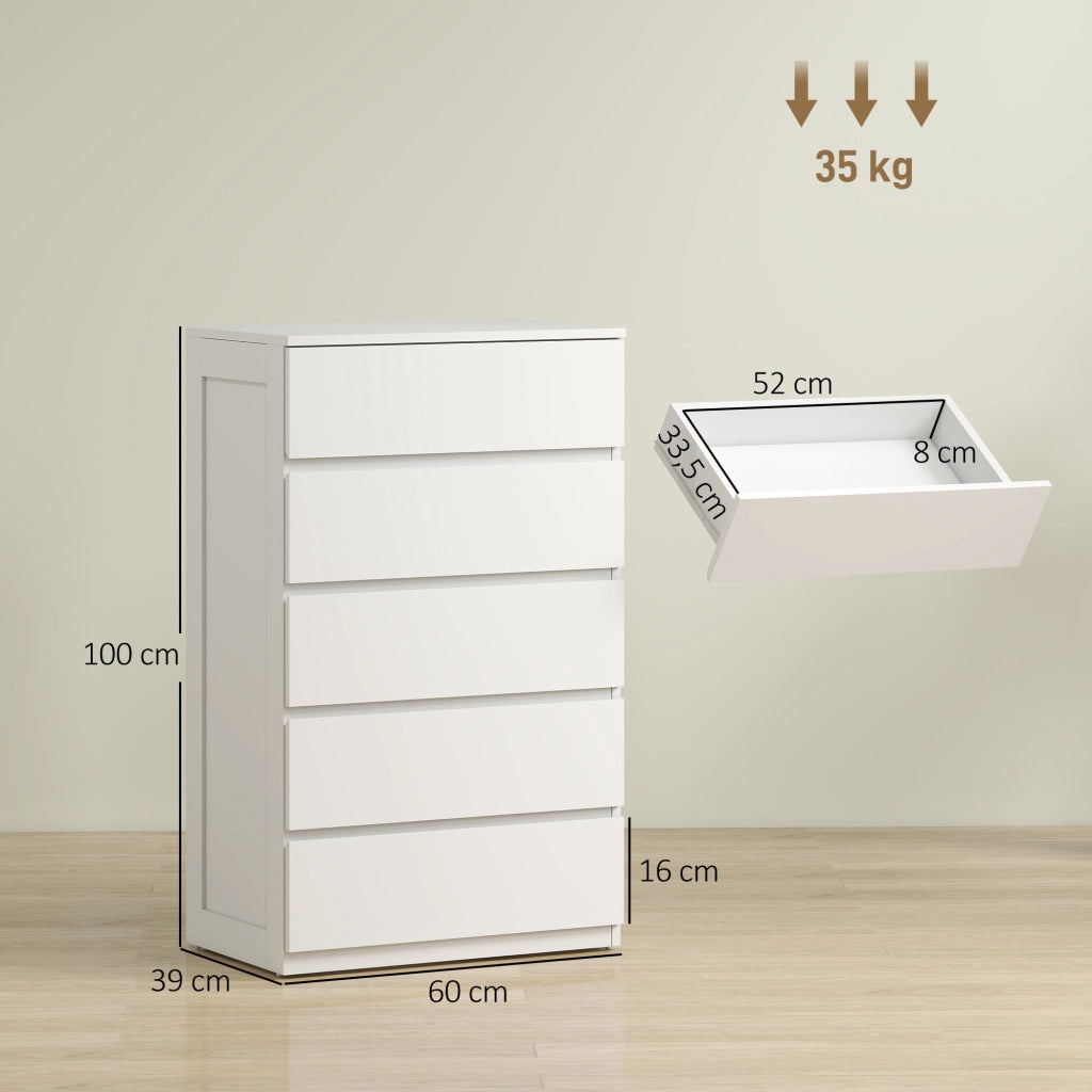 Cassettiera 5 Cassetti Design Moderno Senza Maniglie ¨C Zephmum ¨C Bianco 100x60x39 cm