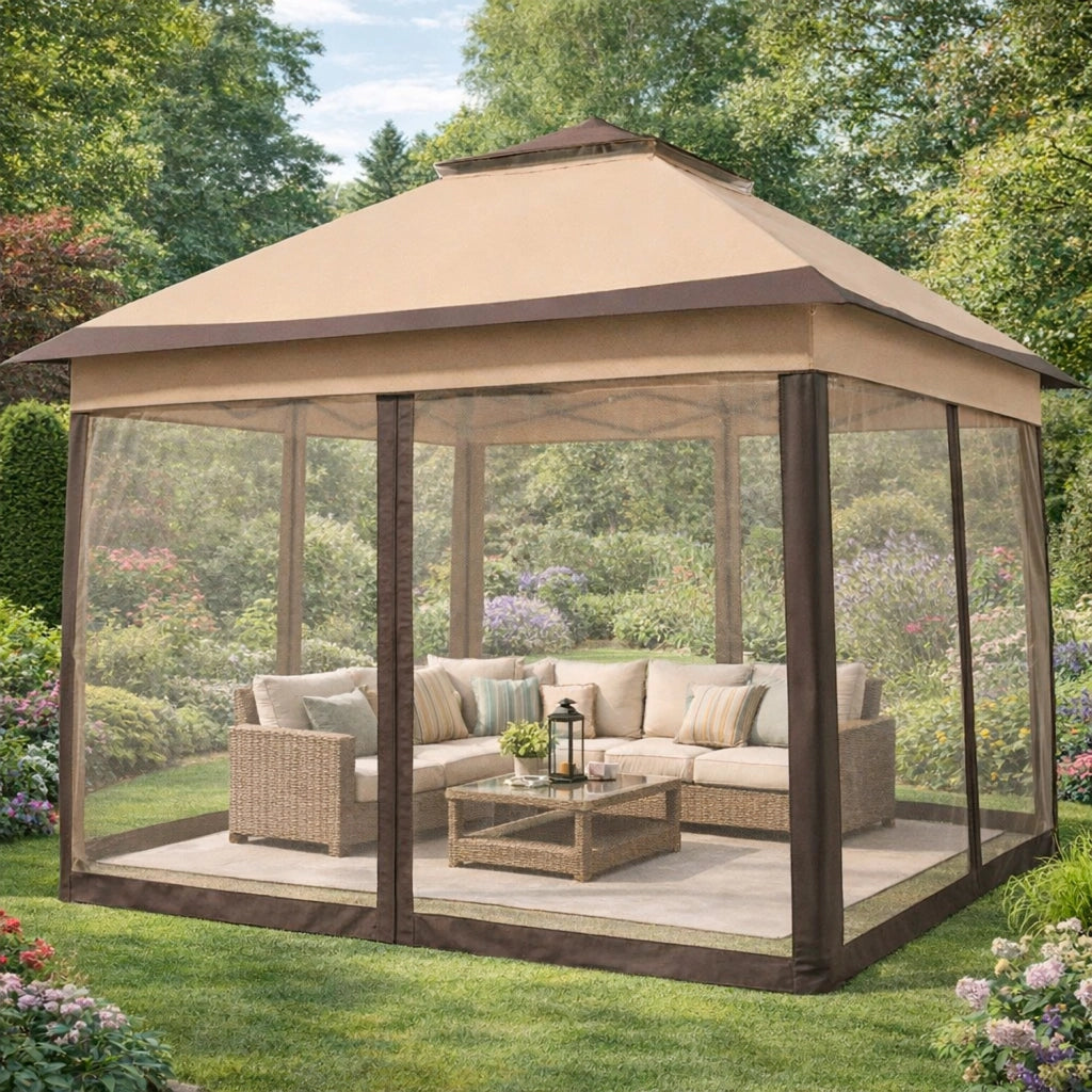 Gazebo Da Giardino Pop Up 3.33 X 3.33 Metri Altezza Regolabile Da 2.7 A 2.9 M Con Zanzariere Removibili Apertura Rapida E Borsa Trasporto Per Eventi Patio Piscina Campeggio Feste Kaki
