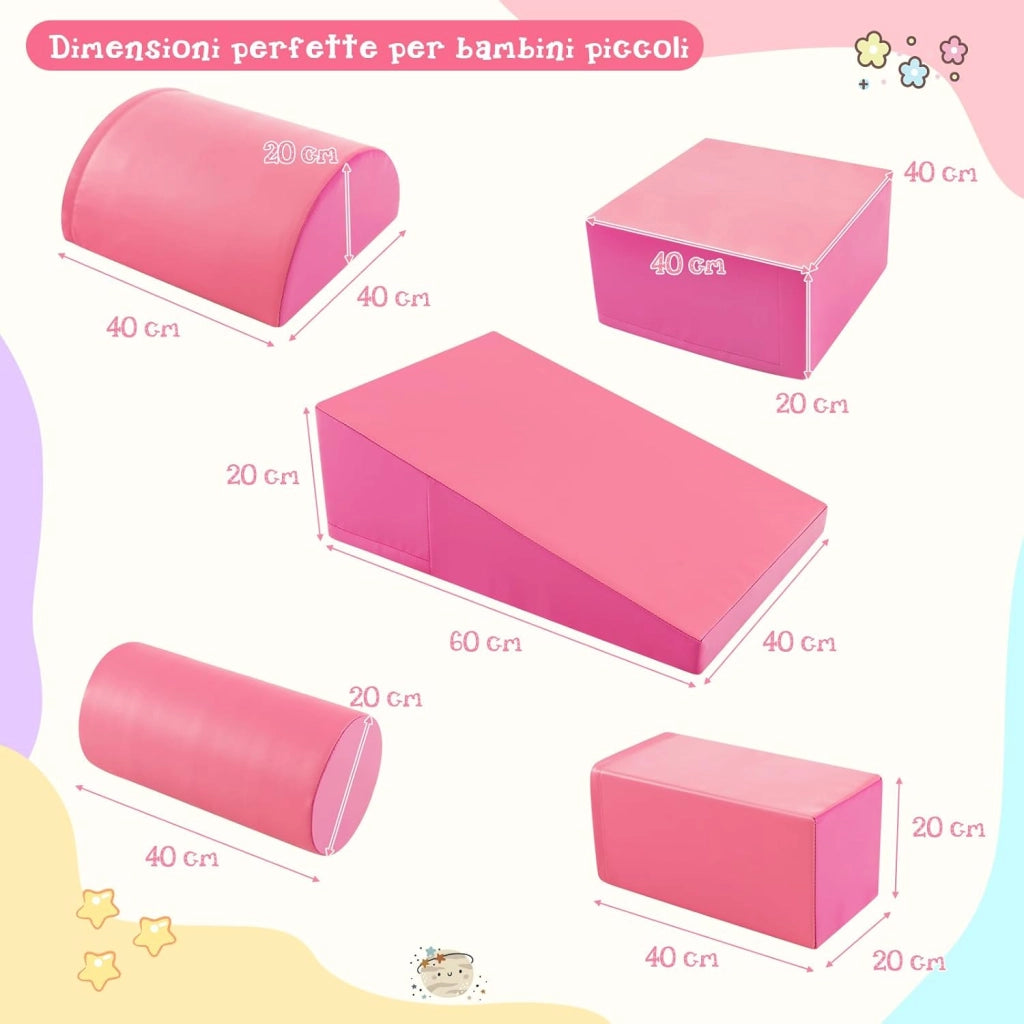 Set di 5 Blocchi con Diverse Forme e Colori, Giocattolo per Arrampicata e Strisciamento, Aiuta i Bambini a Crescere (Rosso e rosa)