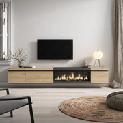 Mobile TV Soggiorno, 288x35x45cm, TV di grande formato, Camino elettrico XXL, da appendere, colore Rovere e nero RF3615