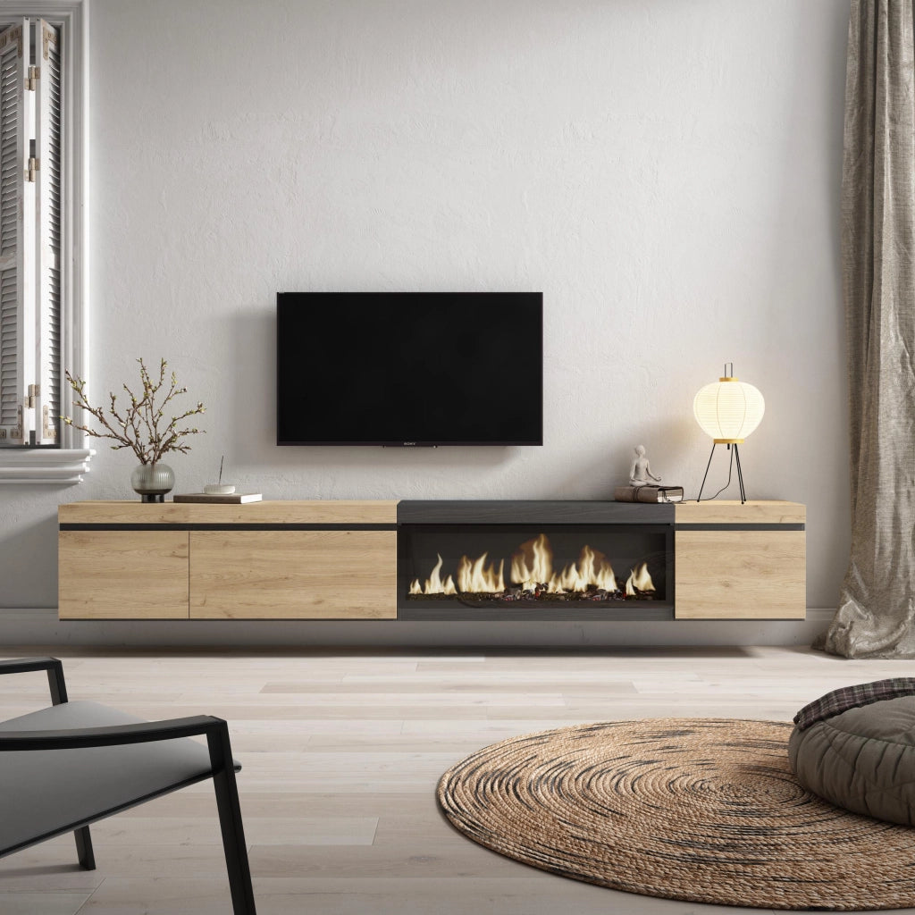 Mobile TV Soggiorno, 288x35x45cm, TV di grande formato, Camino elettrico XXL, da appendere, colore Rovere e nero RF3615