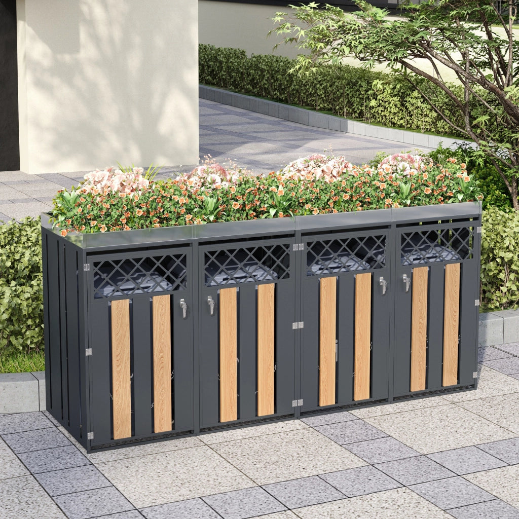Mülltonnenbox mit rautenförmigen Belüftungslöchern, trash storage compartments, Abschließbar, vier Türen, Pflanzfläche