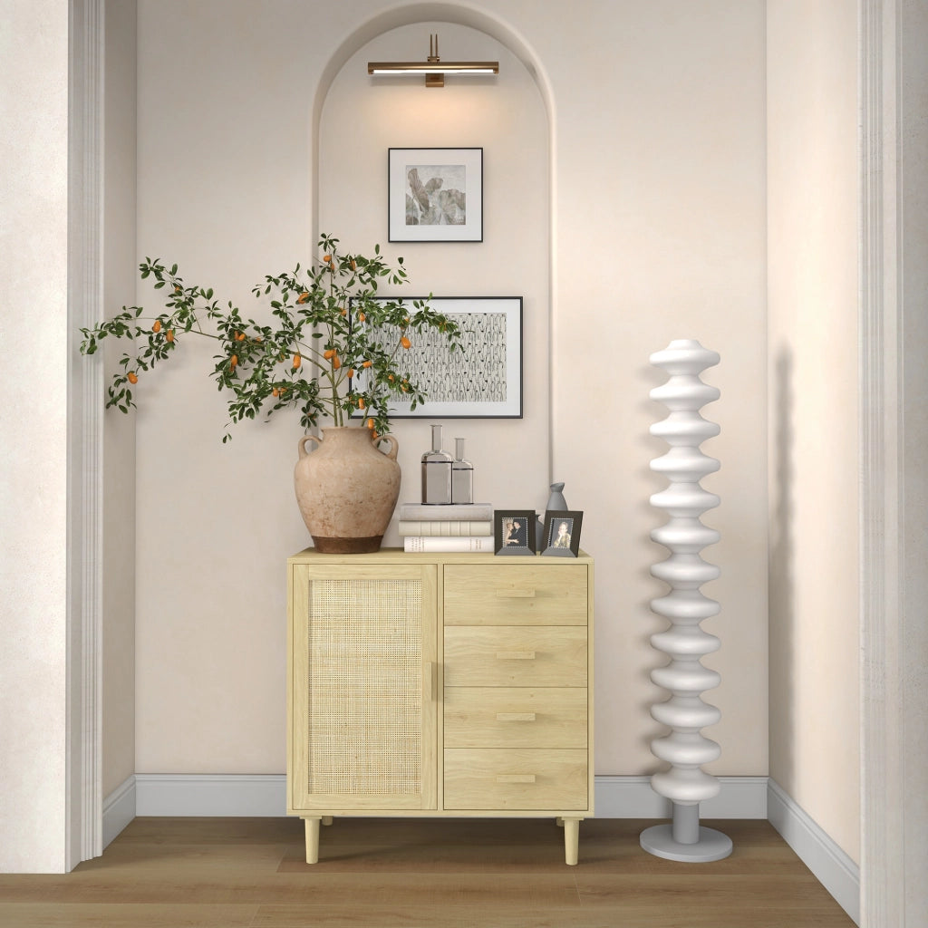 Credenza in rattan con ante intrecciate e 4 cassetti ¨C Xylo ¨C Effetto legno naturale 80x38x80,5 cm