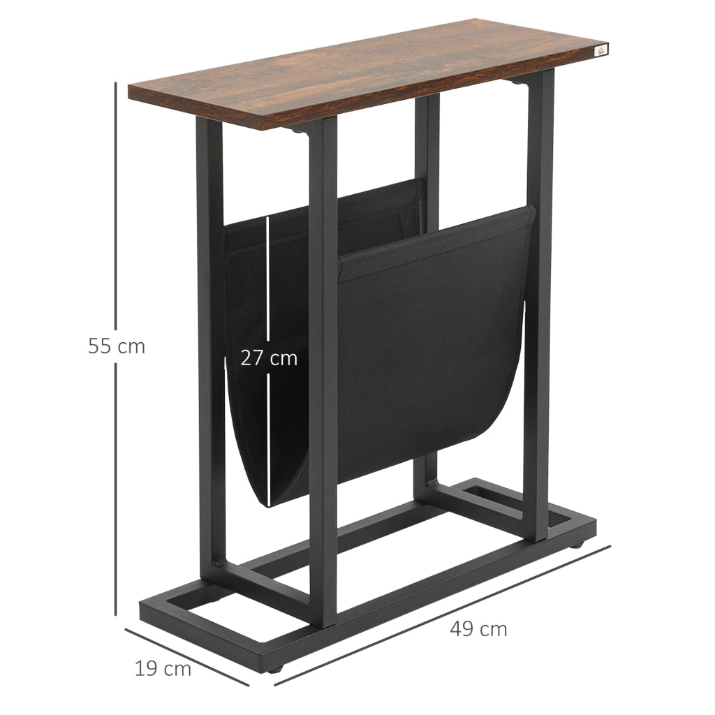 Tavolino da divano compatto con tasca in tessuto e struttura in acciaio marrone scuro e nero 49 × 19 × 55 cm
