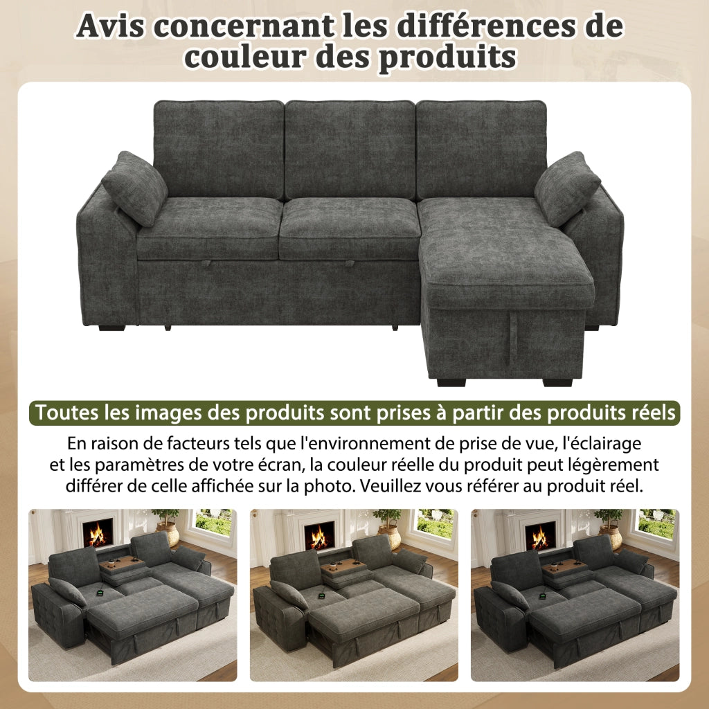 Divano angolare 3 posti in chenille con contenitore, letto estraibile, tavolino con portabicchieri e porta USB, grigio 237x141x86 cm