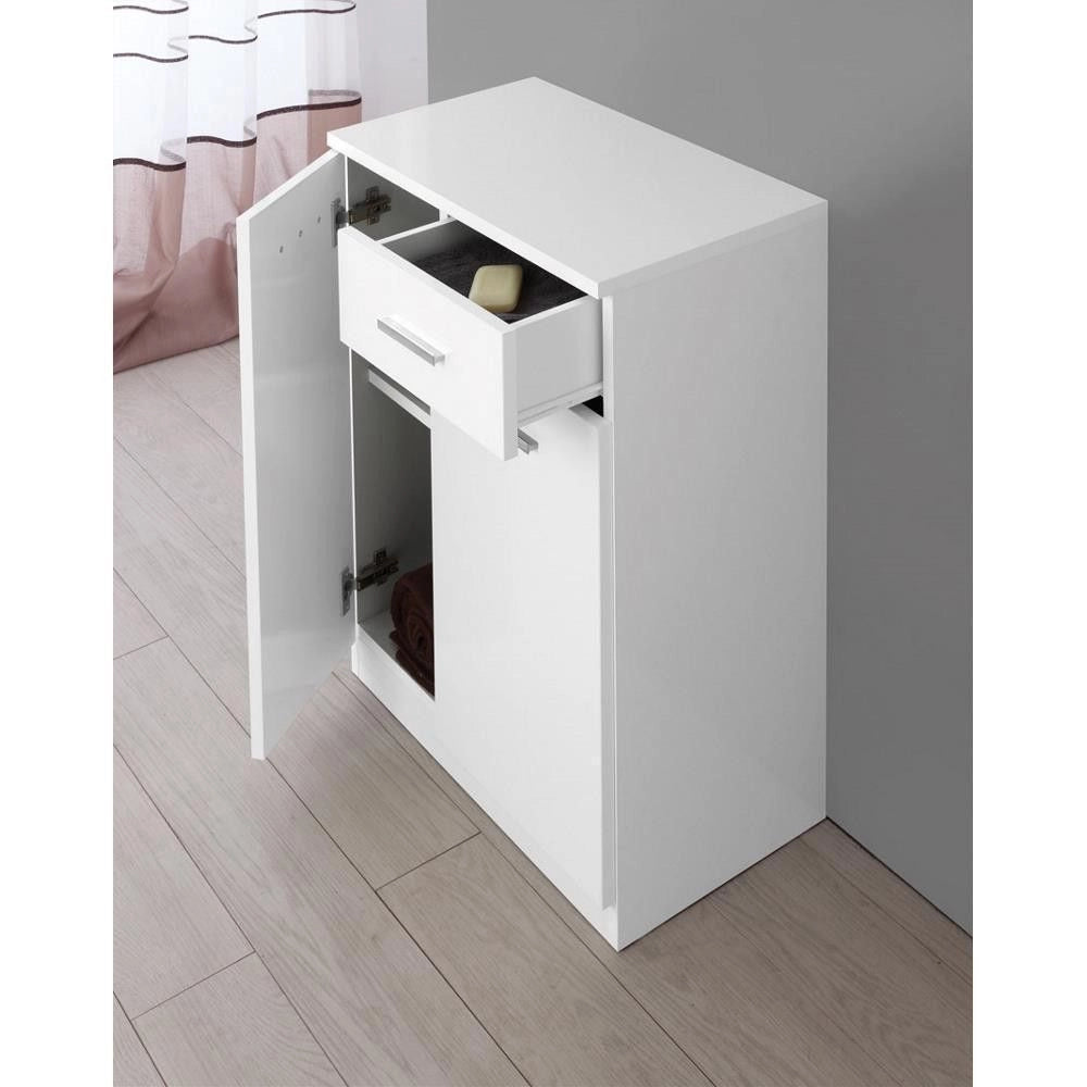 Mobiletto Bagno Base Colonna in Legno Bianco Lucido 2 Ante 1 Cassetto Feridras