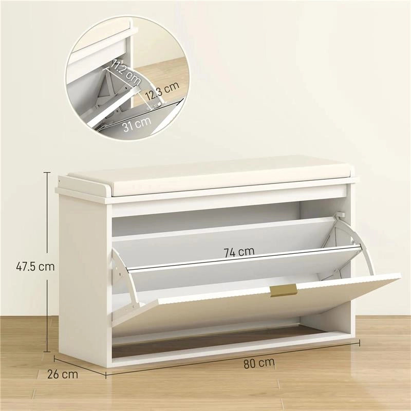 PANCA SCARPIERA CON RIPIANO INTERNO IN LEGNO E TESSUTO EFFETTO LINO 80X26X47.5 CM BIANCA E BEIGE