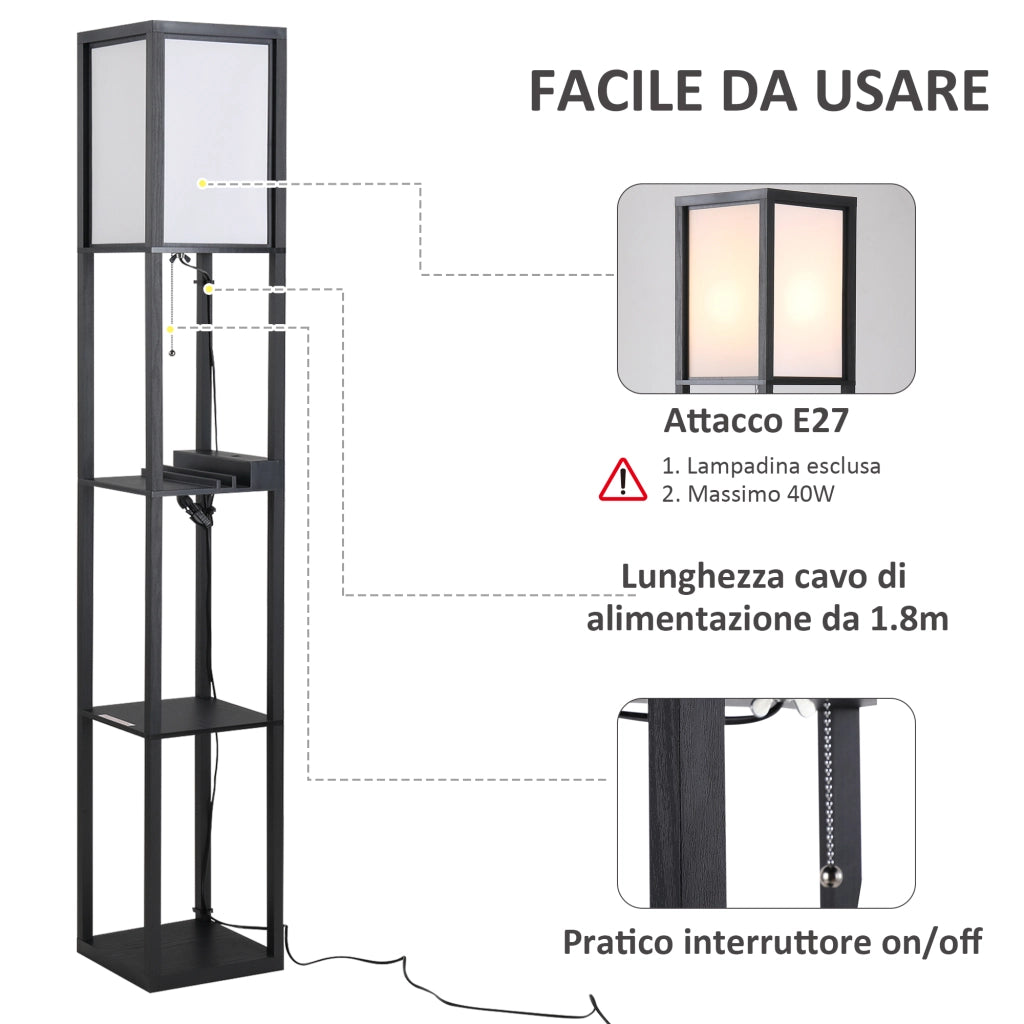 Lampada da Terra con Ripiani ¨C Zephmum ¨C 26x26x160 cm Nero e Bianco