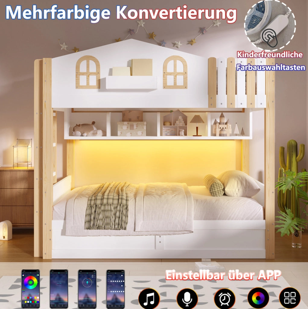 Letto a castello per bambini 90x200 cm a casetta; con contenitore idraulico; LED; bianco e naturale