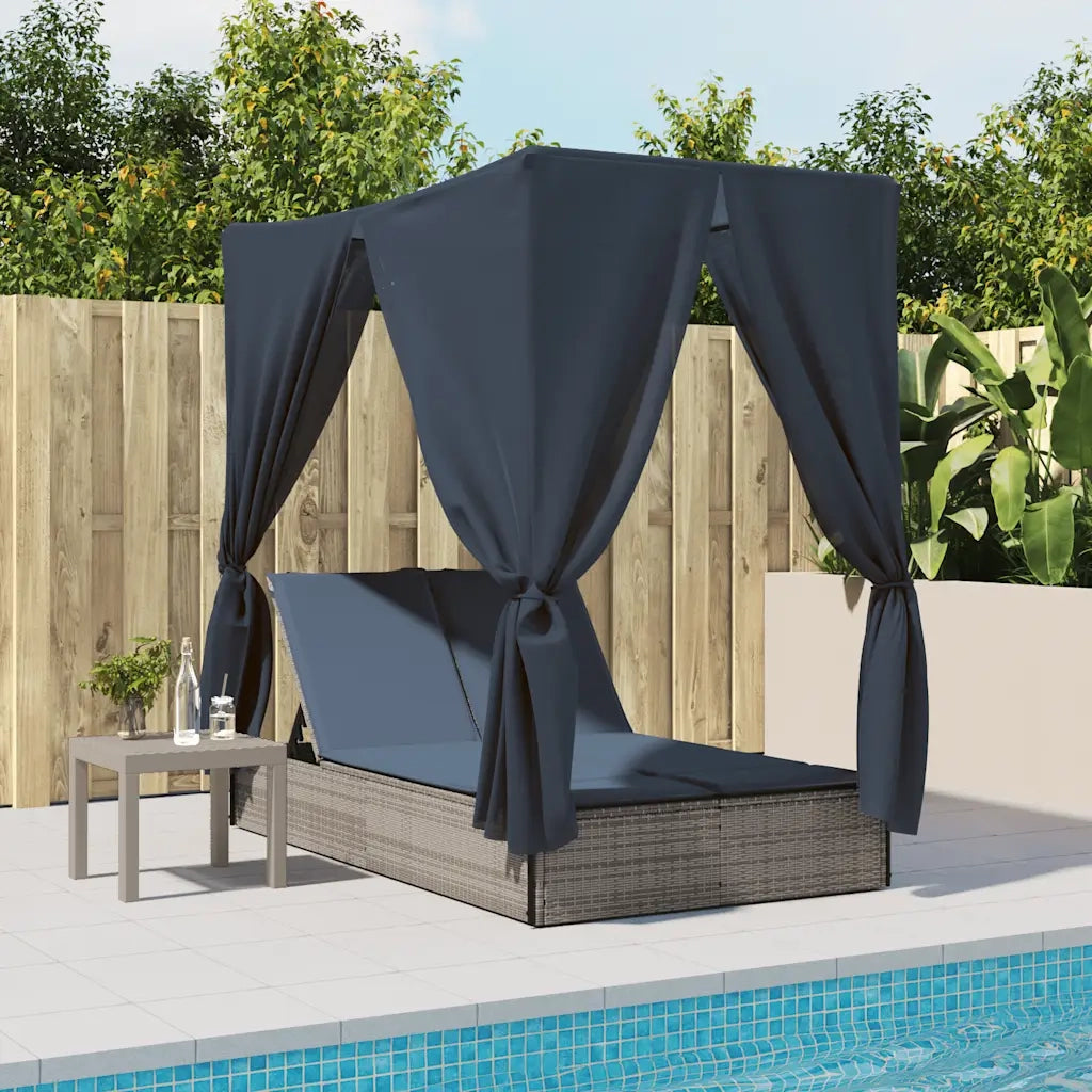 Lettino Prendisole Doppio Tetto e Tende Grigio in Polyrattan 368079