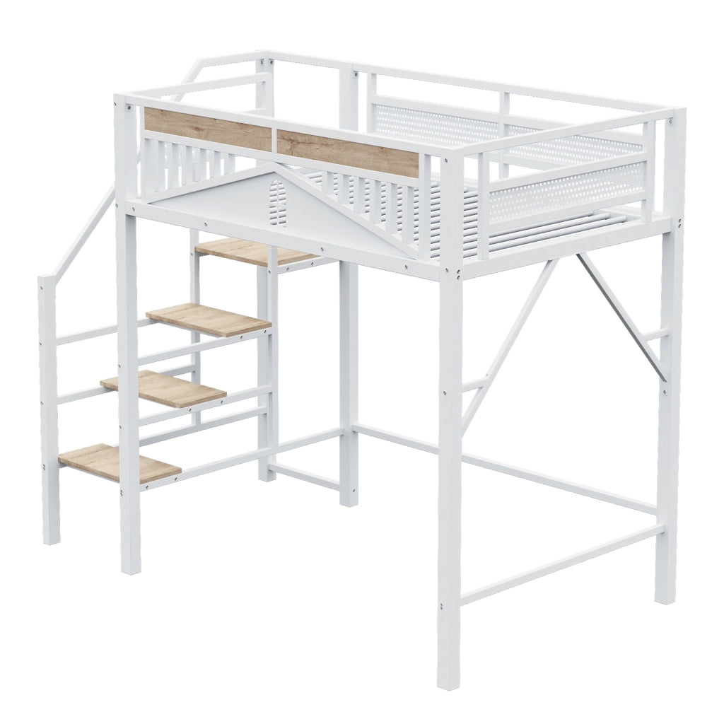 Letto a soppalco matrimoniale 140×200 cm con scala di sicurezza; barriera e spazio sottostante; senza materasso