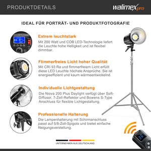 Niova Plus Daylight, Faretto LED per fotografia, luce video 200 W dimmerabile, con riflettore Bowens e diffusore, con tecnologia COB-LED, per studio fotografico