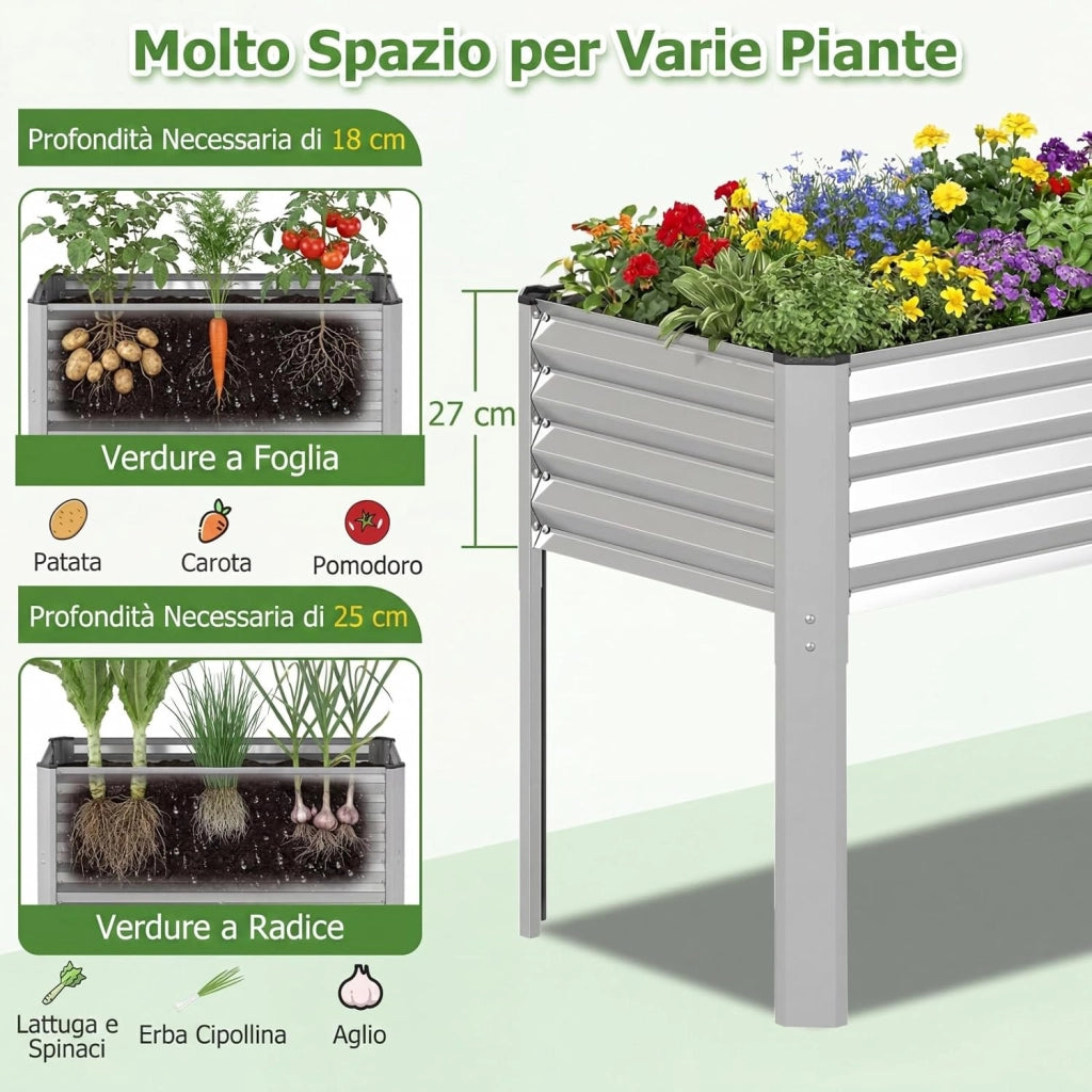Fioriera Rialzata da Esterno, Orto Rialzato da Giardino in Metallo con Fori di Drenaggio, Altezza Ergonomica e Guanti, Letto Elevato da Giardino Rettangolare per Piante e Fiori, (Argento)