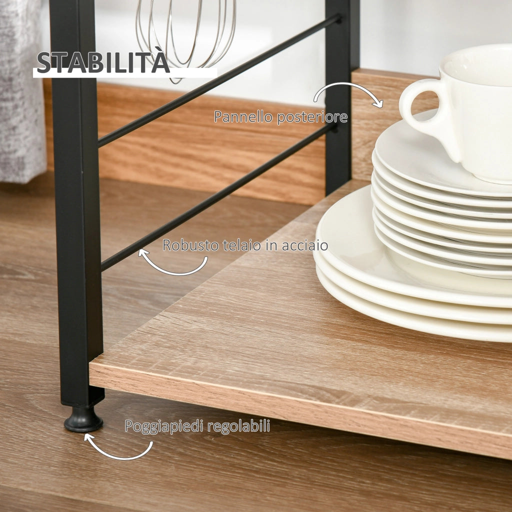 Mobiletto per Microonde con Ripiani e Ganci ¨C Zephmum ¨C Acciaio e Legno, 60x40x125 cm, Colore Legno
