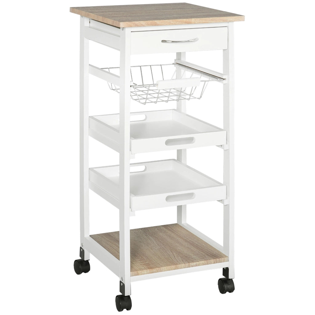 Easycomfort Carrello da Cucina Salvaspazio in Legno di Pino e MDF, Carrello Portaoggetti con Cassetto, Cestello, 2 Vassoi e 4 Ruote Universale, 37x37x82cm, Bianco