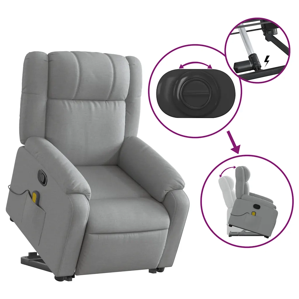 Poltrona | Sedia Relax Alzapersona Massaggi Reclinabile Grigio Chiaro Tessuto