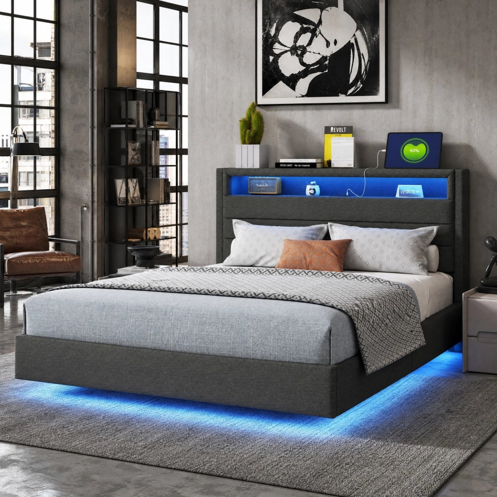 Letto matrimoniale imbottito 140x200 cm con USB; LED e testiera ribaltabile; grigio