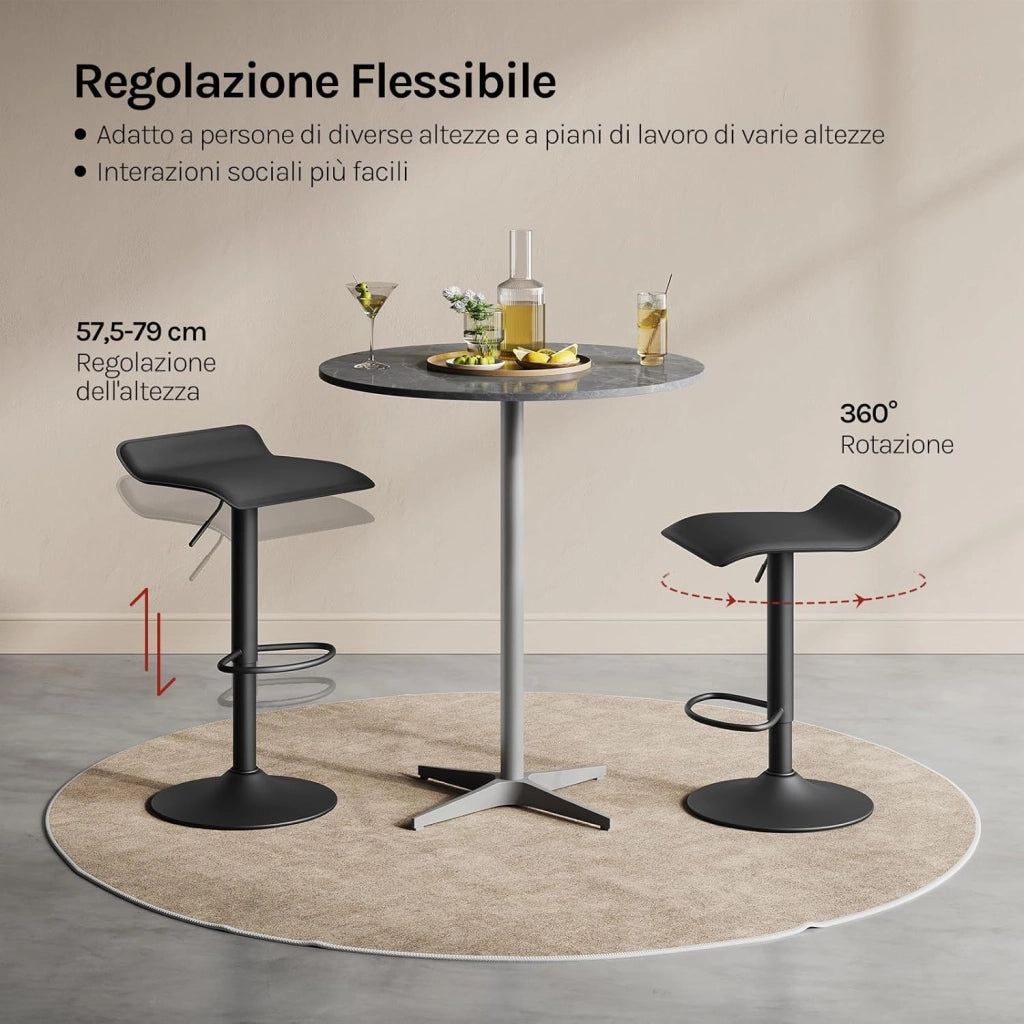 Sgabello da Cucina, Sgabello da Bar Colazione Regolabile in Altezza Girevole a 360°, per Bar, Cucina, Banco, Caffè, PVC+Metallo, con Poggiapiedi, Nero+Nero