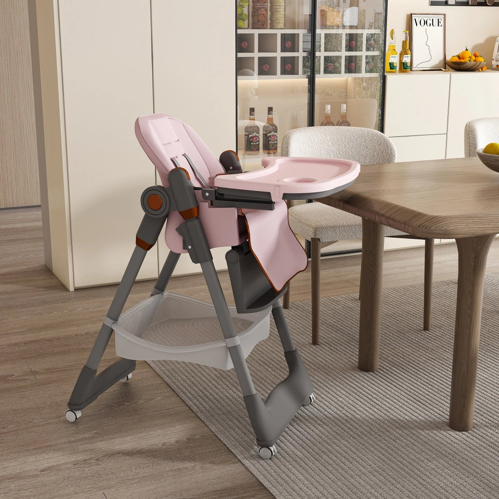 Seggiolone pappa pieghevole regolabile con vassoio e ruote bloccabili per bambini polipropilene e acciaio rosa 53×31×52 cm