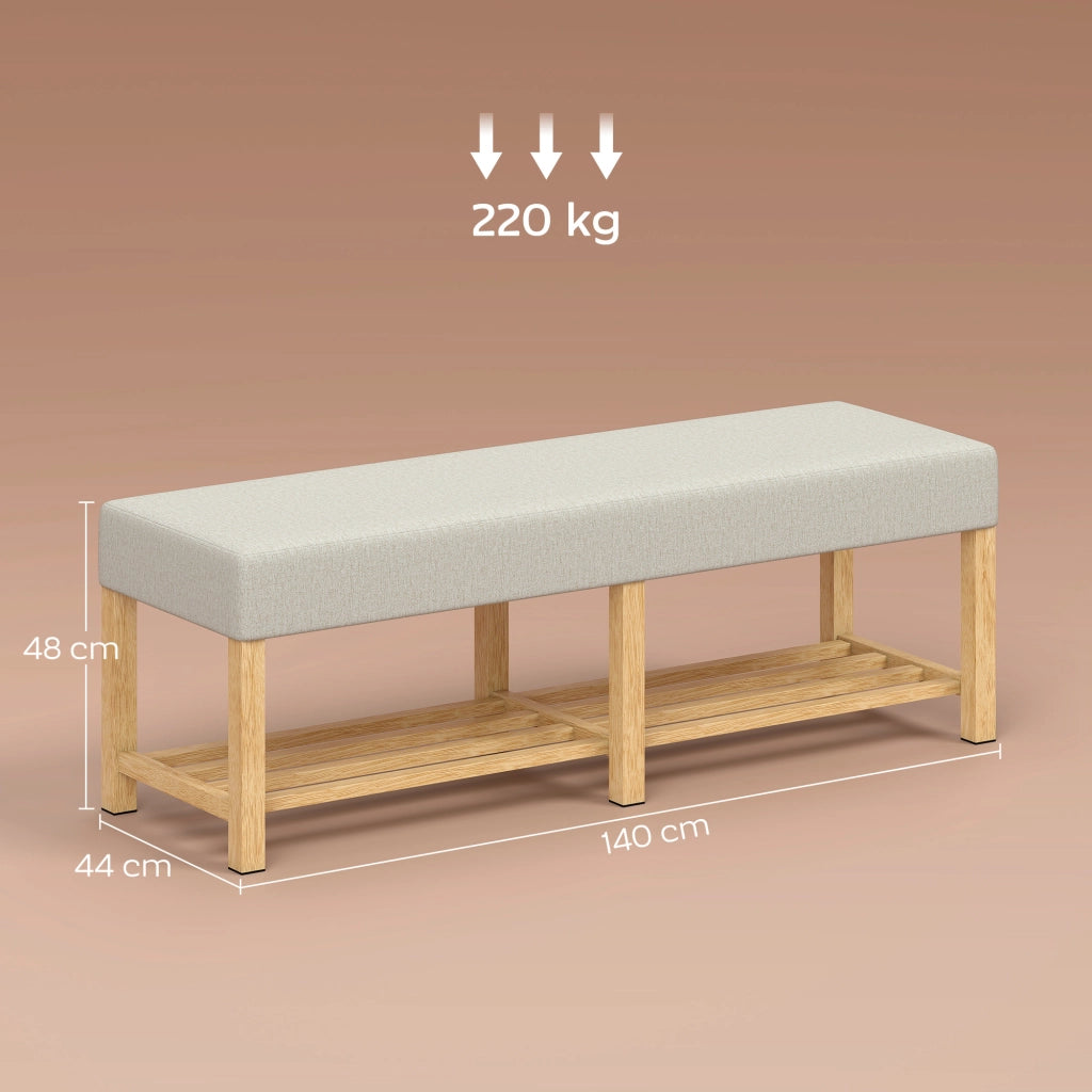 Panca portascarpe con seduta imbottita legno massello 2 posti ripiano salvaspazio ¨C Xylo ¨C Crema 140x44x48cm