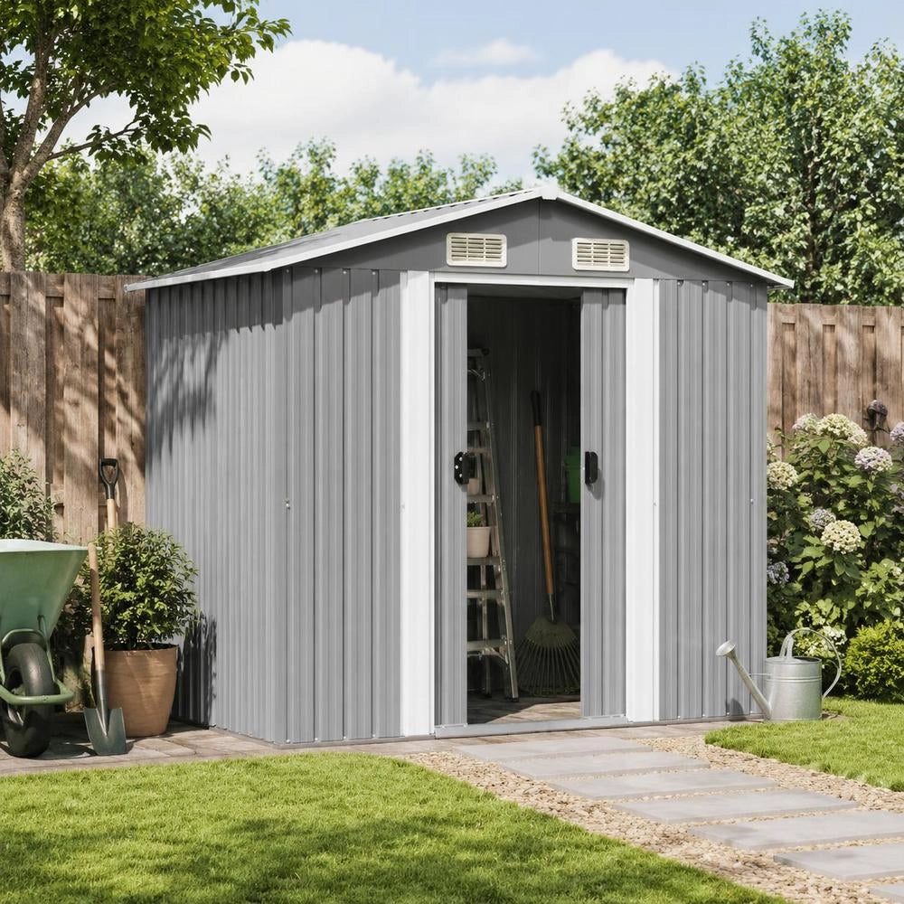 Garden Shed, Grey Metal, 204 X 132 X 186 Cm