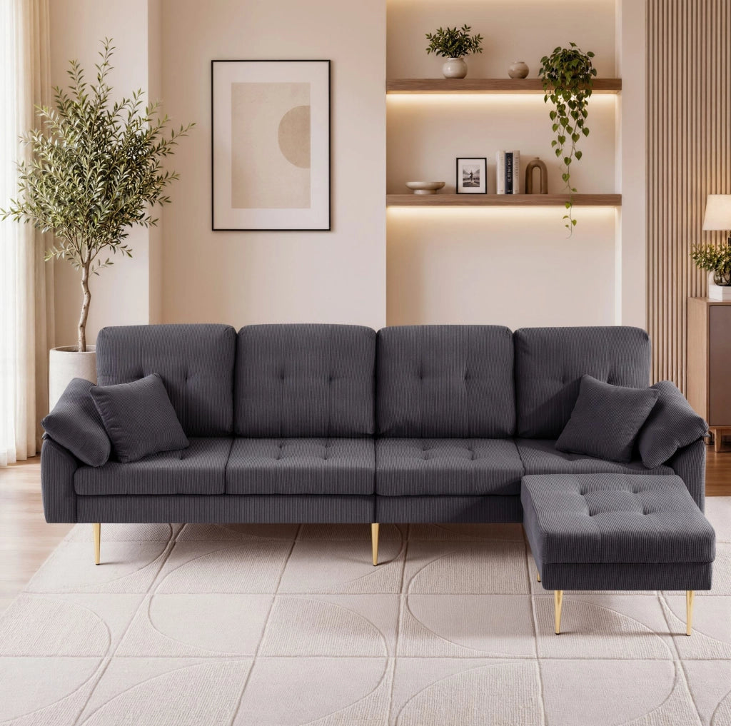 Divano 4 posti con pouf separato modulabile in velluto a coste grigio scuro