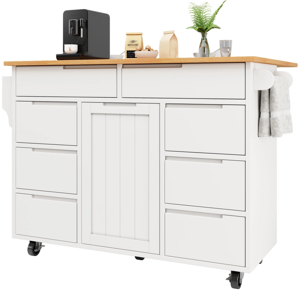 Isola da cucina 122x74.5x91.5 cm pieghevole con 8 cassetti; MDF bianco