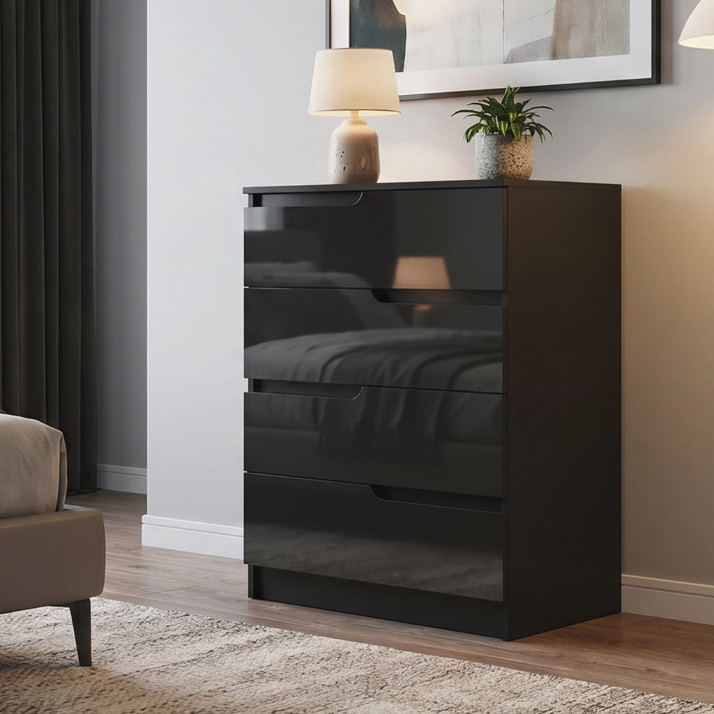 Cassettiera 60x40x85 cm 4 Cassetti Moderna e Minimal in Legno Nero Lucido
