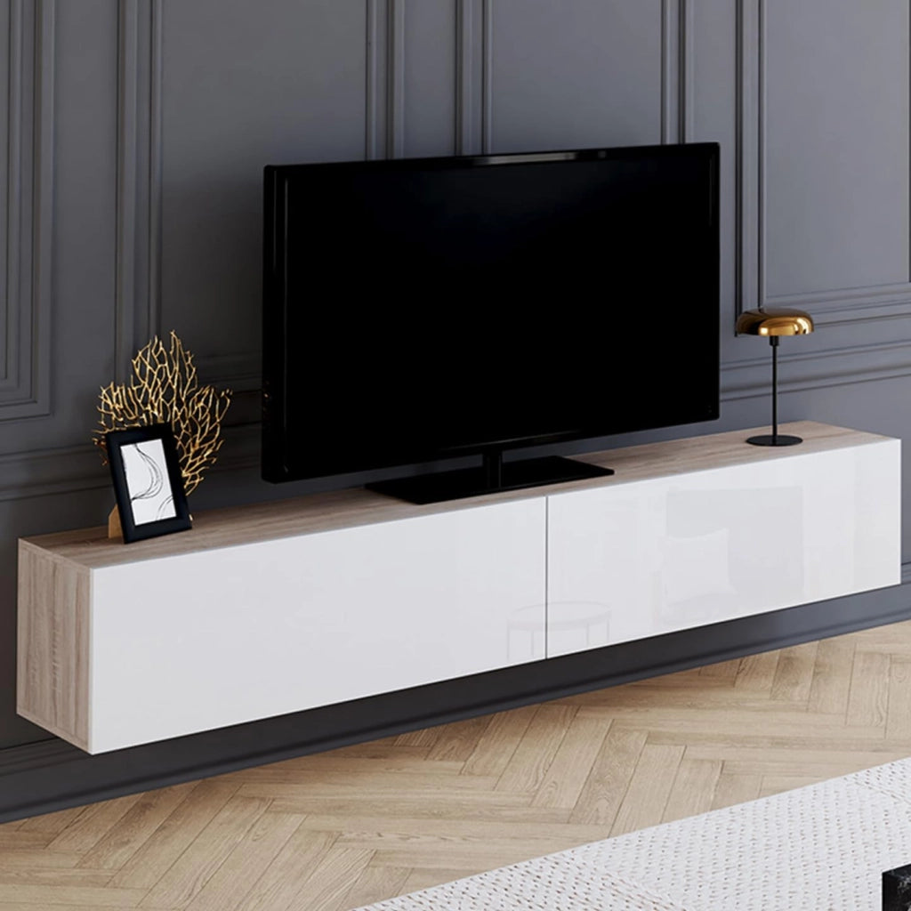 Mueble TV suspendido ELIO 2 puertas madera y blanco 180 cm