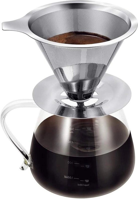 Apparecchio per caffè da 600ml con caraffa in vetro borosilicato, maniglia e filtro in acciaio inossidabile senza carta