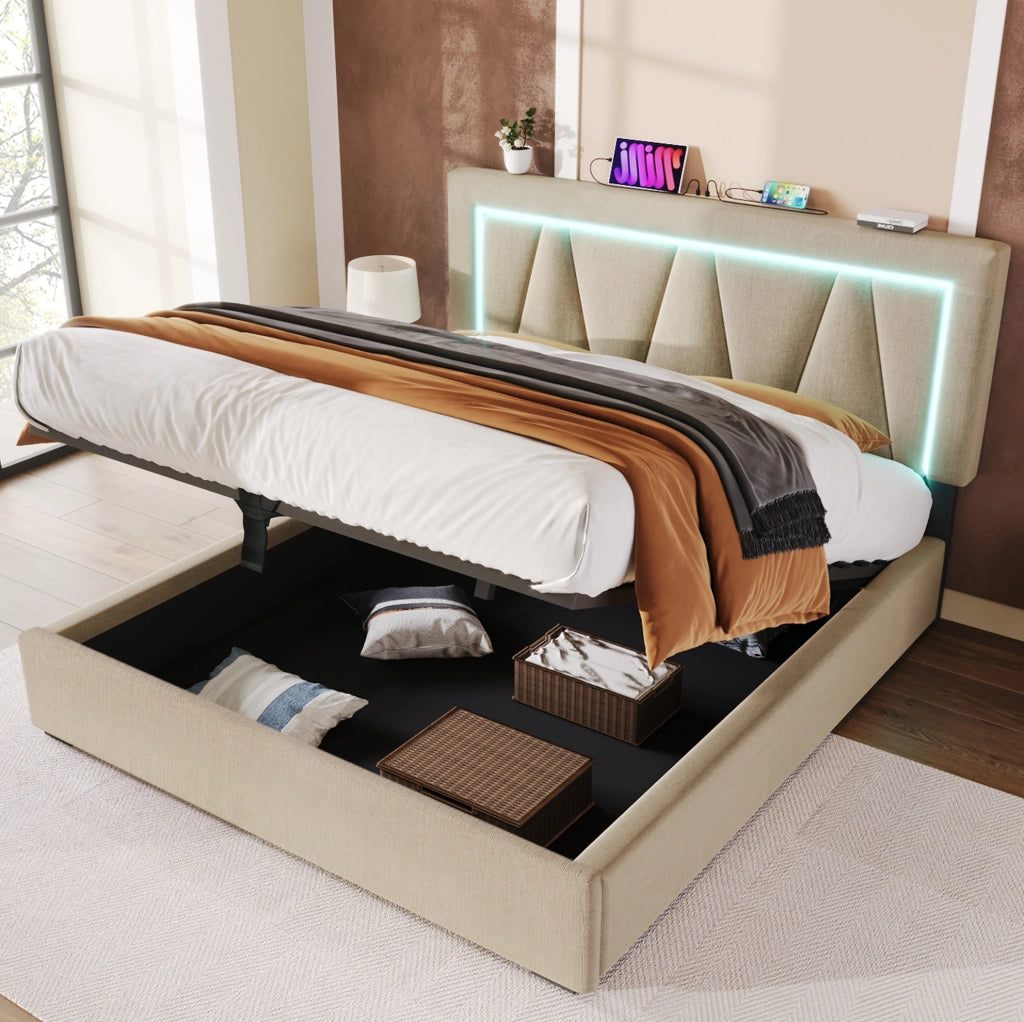 Letto matrimoniale 140x200 beige con LED, USB-C e contenitore