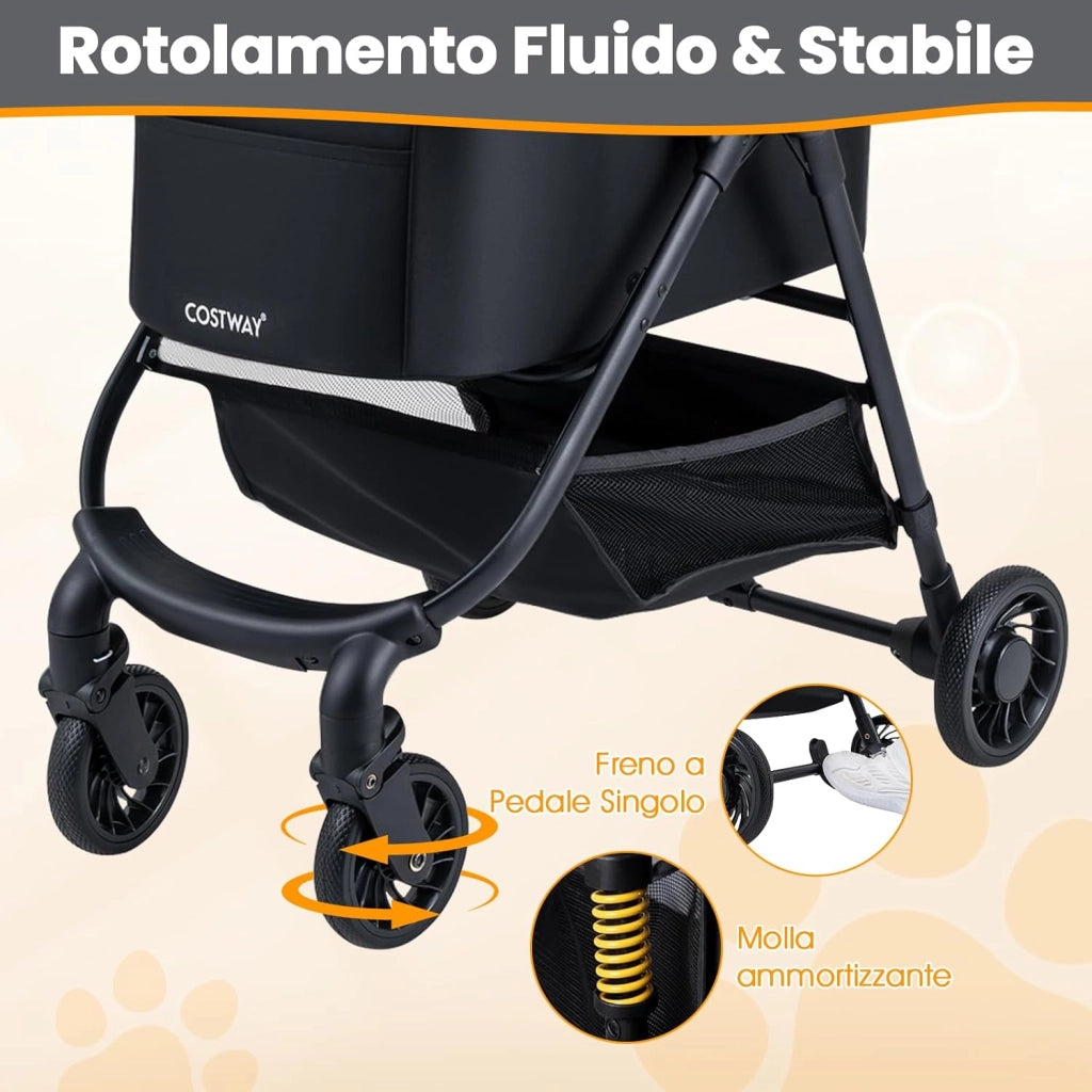 3-in-1 Passeggino per Cani, Carrozzina per Cani Rimovibile Fino a 15 kg con Tetto in Rete Regolabile, Cesto Portaoggetti e Cintura di Sicurezza, Passeggino Portatile per Cagnolino (Nero)