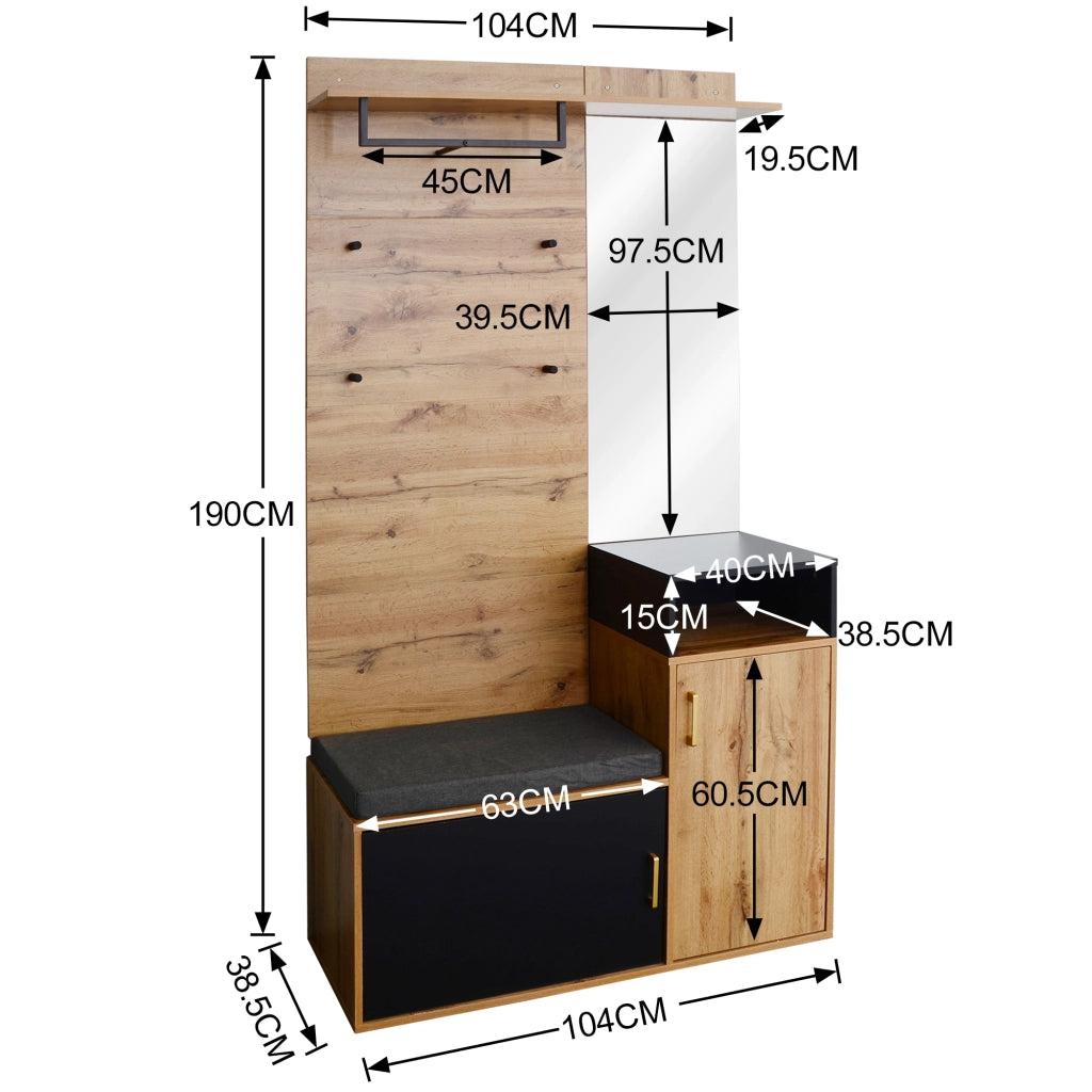 Set mobili da ingresso con specchio, panca scarpiera, appendiabiti da parete, 4 ganci, MDF nero